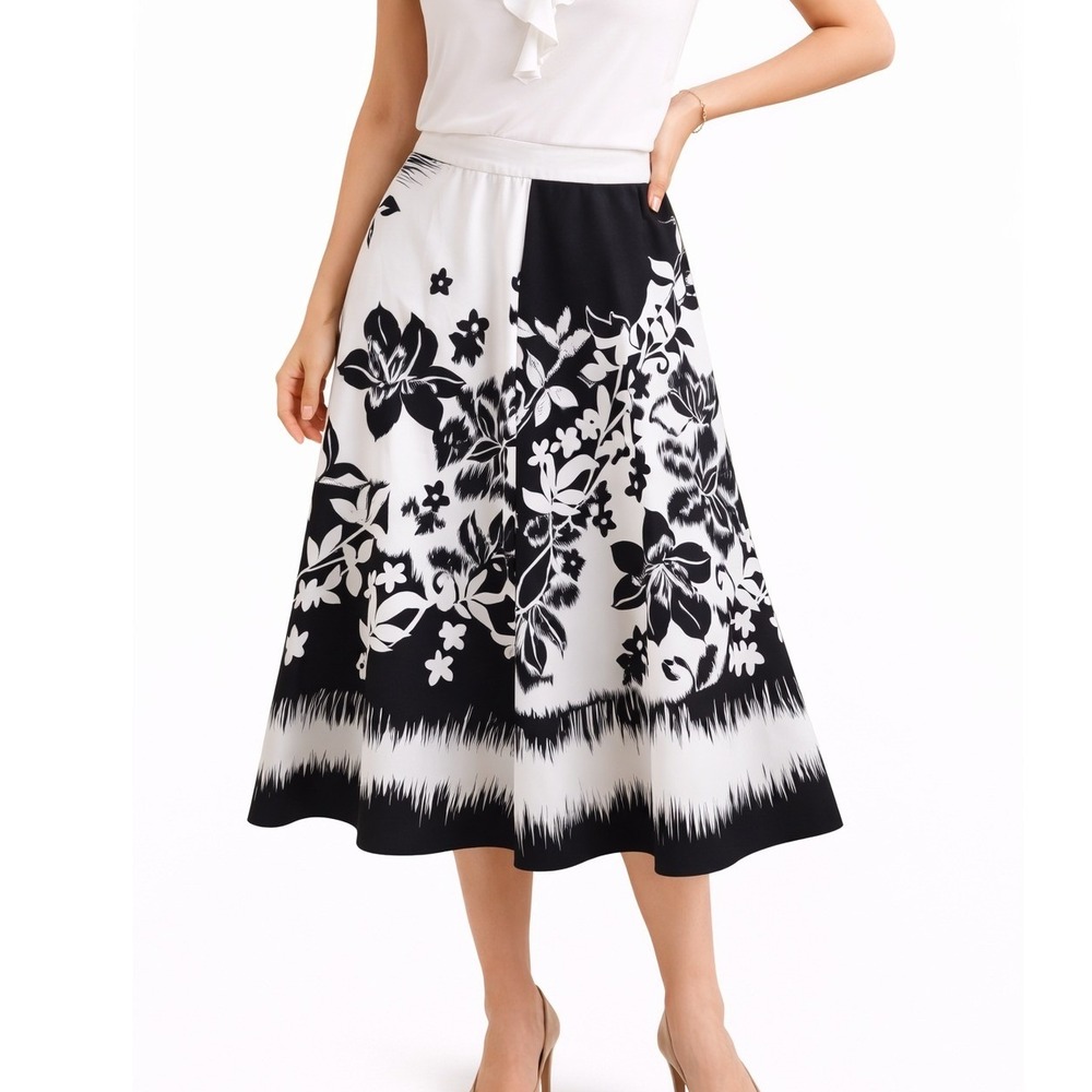 Silkland Black White Floral‎ A-Line Midi Skirt Lined Satin Finish S/M